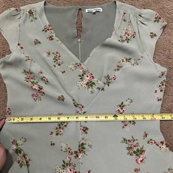 Reformation Baden Green Hampstead Dress Short Size 12 Floral V-Neck - Picture 5 of 7